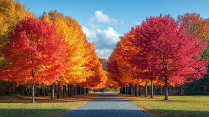 Naklejka premium Colorful trees show vibrant autumn foliage, creating a landscape with brilliant orange, red, and yellow shades.