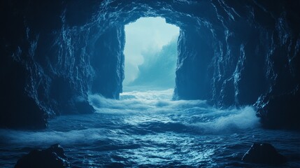 A blue cave with a small opening in the wall