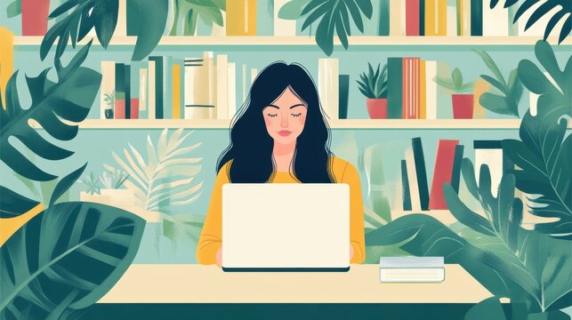 Woman Using Laptop in Lush Greenery