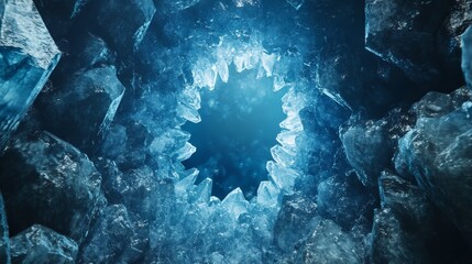 A blue hole in ice with a leafy shape