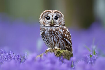 Fototapeta premium Owl perches in a vibrant field of bluebells during springtime, surrounded by colorful flowers and natural beauty