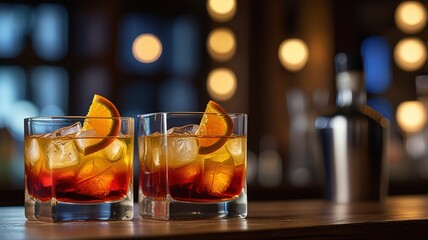 Distinct cocktails placed on a glossy, dark bar counter