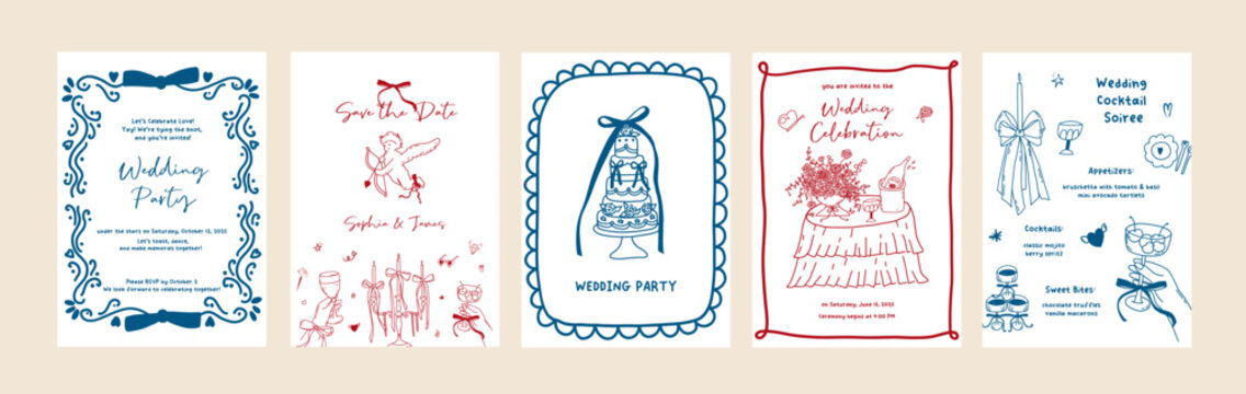 Set of line art wedding invitation card template. Coquette whimsical hand drawn frame, border, vintage decoration design. Minimal cupid, wavy border, banquet table card. Vector outline illustration