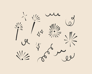 Set of doodle Christmas star, sparkle. Hand drawn element light, shine, spark decoration. Magic line art coquette trendy abstract glow symbol. Vector outline illustration