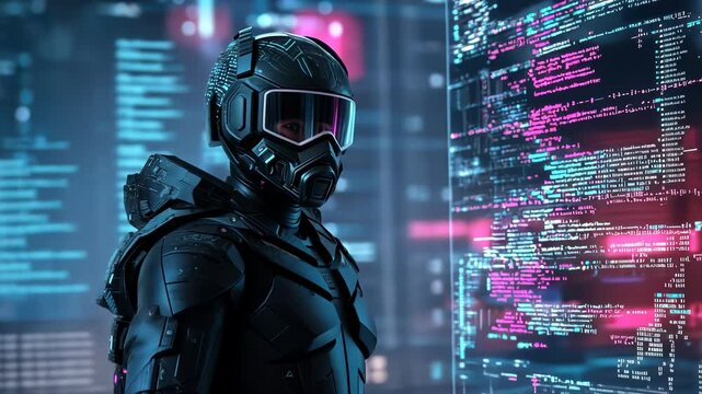 Futuristic cyborg interacting with neonhued digital interface in scifi setting