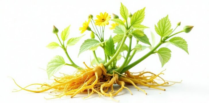 Yellow dock plant with yellow roots on a white background, botanical, medicinal plants