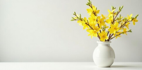 Yellow forsythia blooms in a vase on a table with a simple white background, vase, forsythia, simple