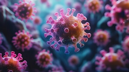 Colorful virus particles represent monkeypox in a dynamic environment, a vibrant depiction for public health context.