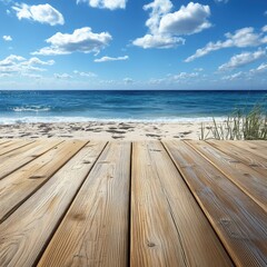 Fototapeta premium Relaxing view from a wooden deck overlooking a tranquil beach on a sunny day with white clouds and clear blue water