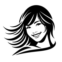 Elegant black logo design with a young pretty Asian woman with long hair and smile on her face. Isolated on transparent background graphic icon.