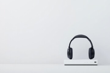 sleek minimalist banner depicts gaming console with headphones on white background crafted with abundant copy space