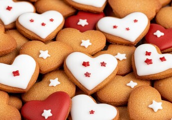 Fototapeta premium Heart Shaped Cookies with Red and White Icing and Sprinkles