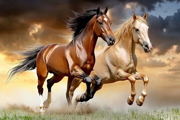 Obraz premium On a field, a red and palomino horse with a long blond mane moves gracefully