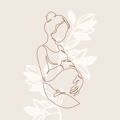 Pregnant woman silhouette on floral background. Pregnancy concept in one line art style. Abstract pregnant woman, maternal care, baby, mother, gynecology, health concept. Vector illustration