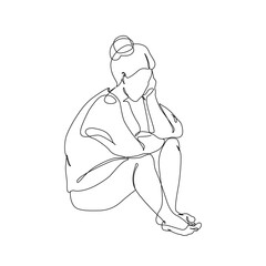 Unhappy woman feeling lonely, sad, Abstract depressed young girl silhouette suffering from anxiety. Mental health problem concept. Minimal one line drawing art. Continuous line vector illustration