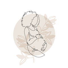 Pregnant African American woman silhouette on floral background. Pregnancy one line art. Abstract pregnant woman, maternal care, baby, mother, gynecology, health concept. Vector illustration