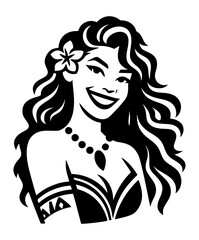 Elegant black logo design with a pretty adult Polynesian woman with a flower in her hair and smile on her face. Isolated on transparent background graphic icon. 