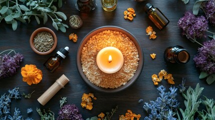 Burning candle surrounded by herbs, flowers and essential oils for aromatherapy and relaxation
