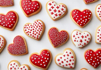 Red and White Sprinkled Heart Cookies on Gray Background