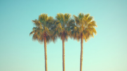 Three tall palm trees under clear blue sky, evoking tropical summer vibes