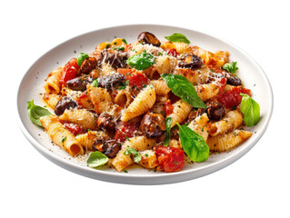 Fototapeta premium Delicious plate of spaghetti pasta garnished with fresh tomatoes, saut?ed mushrooms, and fragrant basil leaves isolated on a white background.