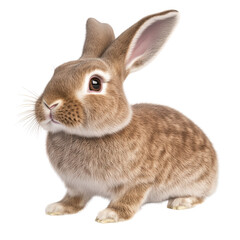 Obraz premium Cute rabbit sitting calmly on a soft green grass surrounded by colorful flowers and a bright blue sky isolated on a white background.