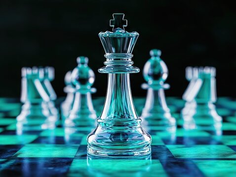 Chess mastery unfolds glass king on neon board game strategy dark setting close-up perspective