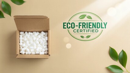 Eco-friendly packaging with certificate and leaves on a neutral background.