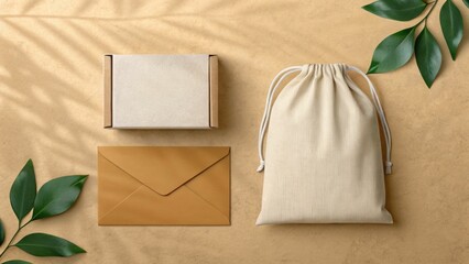 Eco-friendly packaging concept, Natural packaging materials with an envelope and bag on a textured surface surrounded by leaves.