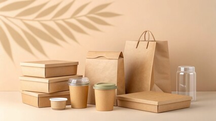 Eco-friendly packaging concept, Packaging items arranged on a soft background with natural shadows.