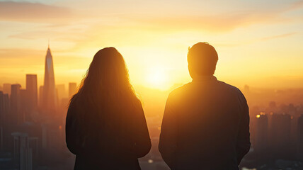 Silhouetted view of two people watching cityscape at sunset, evoking serenity