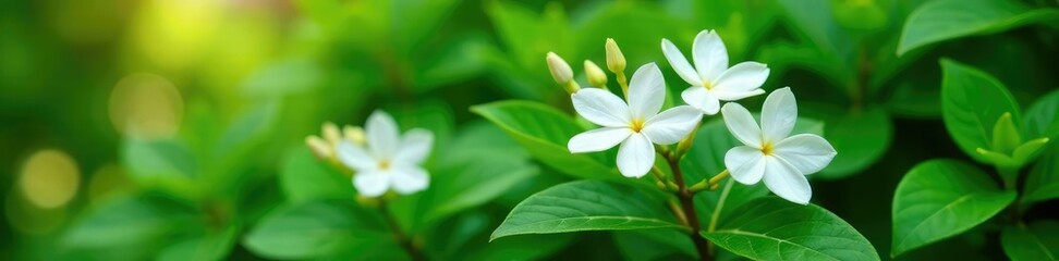 delicate white jasmine flowers on lush green bush, blooming plants, green leaves, garden foliage