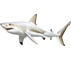 Obraz premium Majestic great white shark swimming gracefully in crystal clear waters showcasing its power and beauty isolated on a white background.