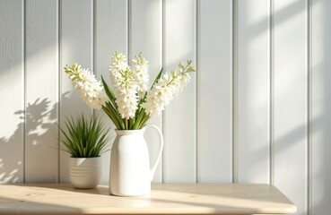 Home interior with white hyacinth bouquet in vase on wooden table. Indoor plant pot on background of white wall. Scandinavian style room decor with sunlight. Spring home decoration.