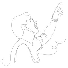 Man looks and points up with his finger. Continuous line vector illustration, white background.