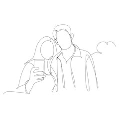 couple take a selfie. Continuous line vector illustration, white background.
