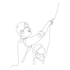 Dad with daughter, holding a balloon string, looking up. Continuous line vector illustration, white background.