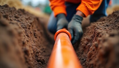 Underground pipes installation. Orange pipeline installation by worker in trench. Man connects plastic plumbing pipes. Technician assembles main water system. Repairing main sewerage. Close-up worker
