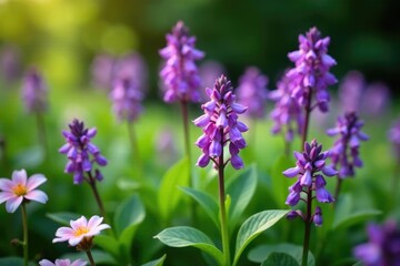 Small purple Angelonia flowers in a garden with other plants, flora, flowers