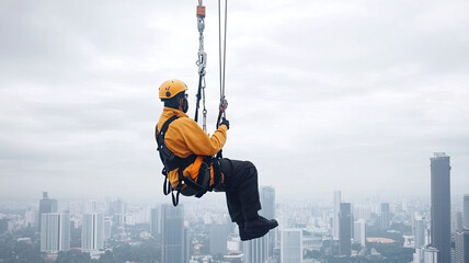 Worker suspended high above city skyline, wearing safety gear and harness