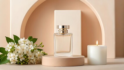 Fragrance bottle with jasmine flowers and candlelight in a neutral background for perfume branding, beauty product packaging, spa decor, wellness themes, luxury aesthetics, and advertising visuals