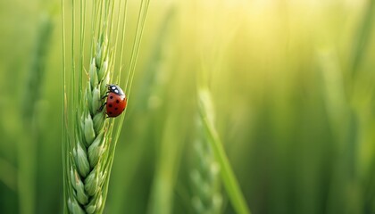 Fototapeta premium Close-up ladybug on green wheat grain with blurred backdrop. Macro photo of coccinellidae insect, vibrant colors, sharpened detail on plant. Agriculture harvest organic farm growth.