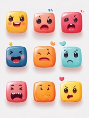 Nine colorful square emojis expressing different emotions