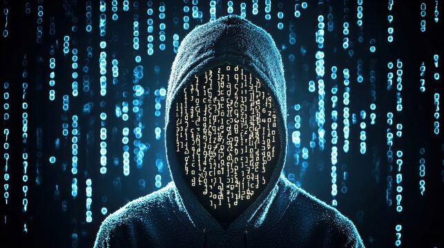 Mysterious figure with a hood and a digital code face standing against a backdrop of cascading binary numbers at night