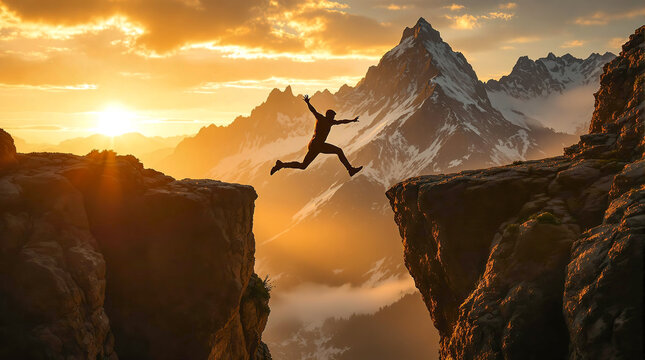 Adventurer jumping across a mountain gap at sunset