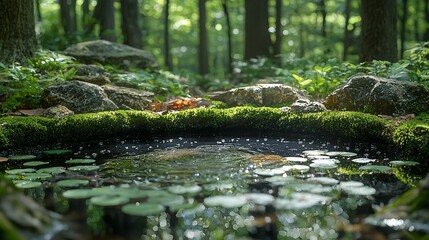 Fototapeta premium Tranquil forest pond surrounded by lush greenery and mossy stones, reflecting nature's beauty