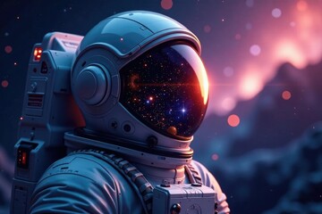 Fototapeta premium Spacecraft and stars reflected in astronaut's helmet visor, space, spacecraft
