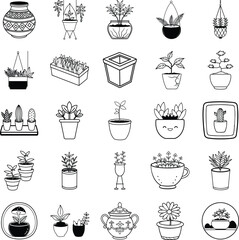 Indoor Plant Pot Collection Line Art Drawings of Houseplants