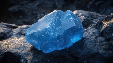 Fototapeta premium Azure crystal on dark volcanic rock, dramatic light