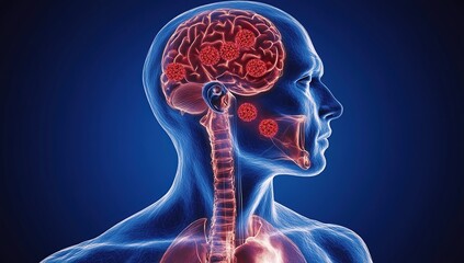 An illustration of the human head and neck, focusing on an area where cancer has formed in one